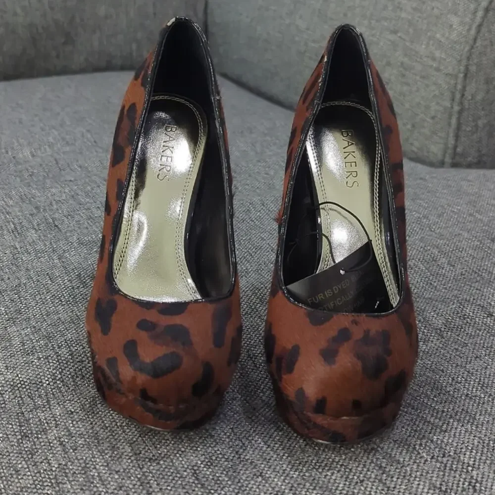 BAKERS Melina Leopard Print Cow Hair Fur Platform Heels Brown Black Wmns Sz 7.5